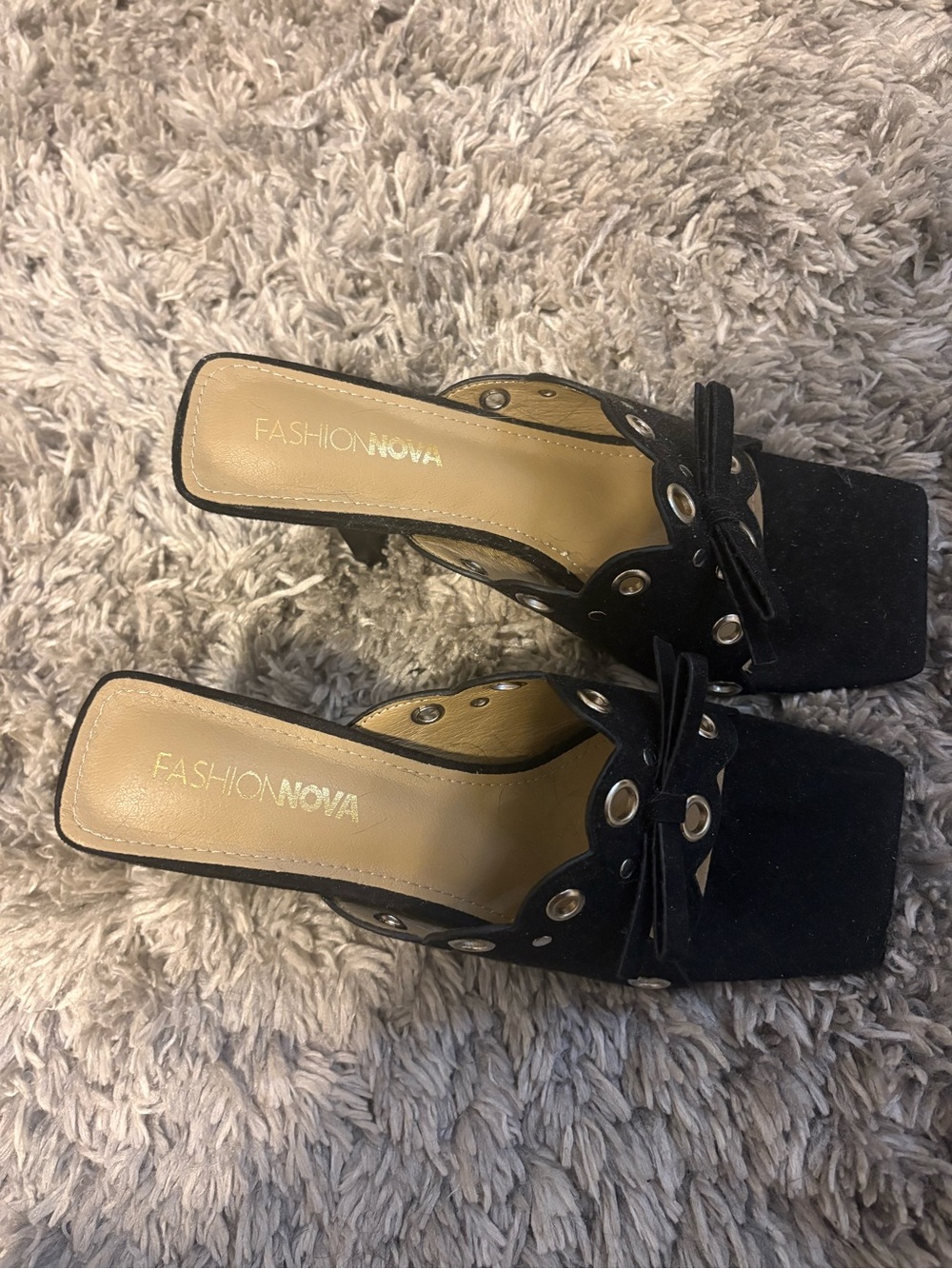 Fashion Nova Black Suede Slide Heels with Grommet Bow